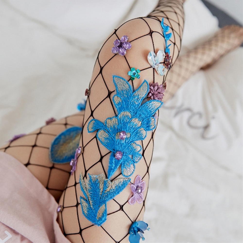 Haute Couture Black Diamond Fishnet Stockings with 3D Crystal Flowers & Sequins